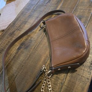Fossil Brown Leather Crossbody Bag with Gold Chain Accent - Slim Design